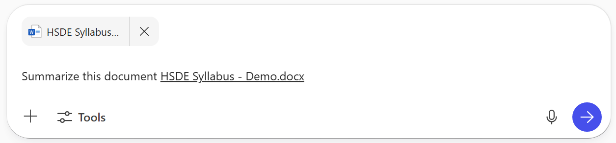 Copilot prompt box with a syllabus document attached and referenced in a summary request