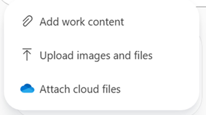 Copilot attachment menu showing Add work content, Upload images and files, and Attach cloud files